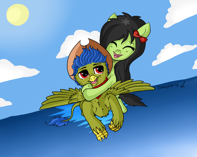 Size: 1250x1000 | Tagged: safe, artist:sorajona, banned from derpibooru, deleted from derpibooru, derpibooru import, oc, oc:emerald blade, oc:green storm, earth pony, gryphon, pony, blue background, blue hair, bow, bowtie, chest fluff, cloud, cowboy hat, cute, eyes closed, female, flight, fluffy, flying, green, hair bow, happy, hat, hug, laughing, leg fluff, love, male, mare, ocbetes, ocean, open mouth, red eyes, reference used, shoulder fluff, simple background, sky, smiling, spread wings, stetson, sun, sunny day, water, wing fluff, wings