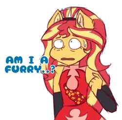 Size: 901x887 | Tagged: safe, artist:gay-horse, banned from derpibooru, deleted from derpibooru, derpibooru import, sunset shimmer, human, equestria girls, equestria girls series, clothes, detached sleeves, dress, eared humanization, existential crisis, female, humanized, kemonomimi, open mouth, pointing at self, ponied up, ponies are furries, pony girls are not furries, shocked, shocked expression, shrunken pupils, simple background, small eyes, solo, spikes, super ponied up, sweat, sweatdrop, title