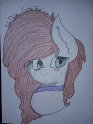 Size: 2448x3264 | Tagged: safe, artist:solardoodles, derpibooru import, oc, oc:graph travel, unofficial characters only, pegasus, pony, choker, colored sketch, freckles, green eyes, head shot, long mane, shading, sketch, smiling, solo, traditional art