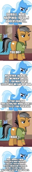 Size: 500x2674 | Tagged: safe, banned from derpibooru, deleted from derpibooru, derpibooru import, edit, edited screencap, screencap, quibble pants, trixie, pony, unicorn, common ground, comic, implied jack pot, implied wind sprint, screencap comic