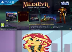 Size: 577x419 | Tagged: safe, banned from derpibooru, deleted from derpibooru, derpibooru import, sunset shimmer, a fine line, equestria girls, equestria girls series, excited, game trailer, gamer sunset, hyped, medievil, medievil ps4, obligatory pony, playstation 4, reaction image, sir daniel fortesque, sunset gamer