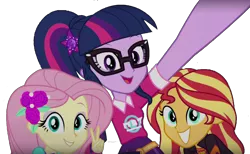 Size: 2048x1260 | Tagged: safe, banned from derpibooru, deleted from derpibooru, derpibooru import, edit, edited screencap, editor:larryboyfan1996, editor:superbobiann, screencap, fluttershy, sci-twi, sunset shimmer, twilight sparkle, equestria girls, equestria girls series, spoiler:eqg series (season 2), geode of telekinesis, magical geodes, not a vector, removed background, selfie