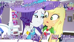 Size: 800x450 | Tagged: suggestive, artist:alphamonouryuuken, banned from derpibooru, deleted from derpibooru, derpibooru import, edit, edited screencap, screencap, applejack, rarity, camping must-haves, equestria girls, equestria girls series, spoiler:eqg series (season 2), bedroom, female, geode of shielding, geode of super strength, hat, lesbian, magical geodes, rarijack, shipping, shipping fuel, smiling, surprised