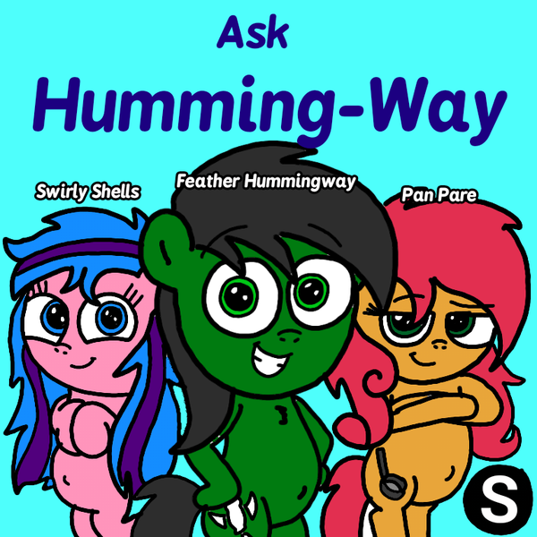 Size: 768x768 | Tagged: safe, artist:sebtheartist, banned from derpibooru, deleted from derpibooru, derpibooru import, oc, oc:feather hummingway, oc:pan pare, oc:swirly shells, pony, ask-humming-way, ibispaint x, signature