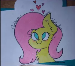 Size: 706x626 | Tagged: safe, artist:solardoodles, derpibooru import, fluttershy, pony, blushing, chest fluff, colored sketch, heart, no pupils, signature, smiling