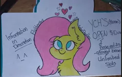 Size: 711x452 | Tagged: safe, artist:solardoodles, derpibooru import, fluttershy, pony, blushing, chest fluff, colored sketch, commission, heart, information, no pupils, signature, smiling, your character here