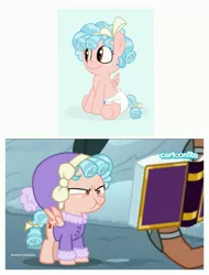 Size: 3106x4096 | Tagged: safe, artist:techmagic, banned from derpibooru, deleted from derpibooru, derpibooru import, edit, edited screencap, screencap, cozy glow, rusty bucket, pegasus, pony, frenemies (episode), cartoonito logo, clothes, diaper, female, filly, foal, friendship journal, italian, scrunchy face, winter outfit, younger