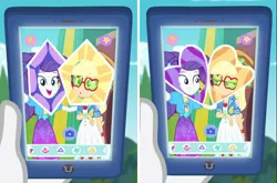 Size: 750x496 | Tagged: safe, banned from derpibooru, deleted from derpibooru, derpibooru import, screencap, applejack, rarity, equestria girls, equestria girls series, festival filters, spoiler:eqg series (season 2), dodecahedron, female, hat, shape chic, shipping fuel, smiling