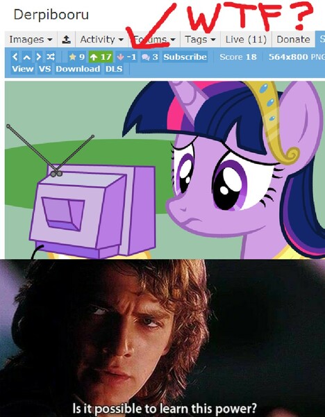 Size: 763x978 | Tagged: safe, banned from derpibooru, deleted from derpibooru, derpibooru import, editor:apex soundwave, twilight sparkle, twilight sparkle (alicorn), alicorn, human, pony, derpibooru, anakin skywalker, exploitable meme, is it possible to learn this power, meme, meta, obligatory pony, star wars, tv meme