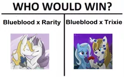 Size: 802x500 | Tagged: safe, artist:blackswhites, artist:dripponi, banned from derpibooru, deleted from derpibooru, derpibooru import, prince blueblood, rarity, trixie, bluetrix, female, male, meme, rariblood, shipping, straight, who would win