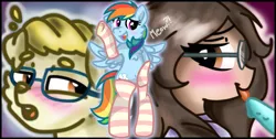 Size: 1801x907 | Tagged: suggestive, artist:rainbow eevee, banned from derpibooru, deleted from derpibooru, derpibooru import, rainbow dash, oc, dog, human, pony, semi-anthro, bipedal, blushing, clothes, dialogue, english, food, glasses, ice cream, licking, meowing, not porn, open mouth, popsicle, raised hoof, simple background, socks, standing, striped socks, striped stockings, suggestive eating, tongue out, trio, waving