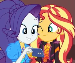 Size: 833x692 | Tagged: safe, banned from derpibooru, deleted from derpibooru, derpibooru import, screencap, rarity, sunset shimmer, equestria girls, equestria girls series, festival filters, spoiler:eqg series (season 2), alternate hairstyle, cropped, duo, female, magical geodes, mobile phone, one eye closed, phone, smartphone