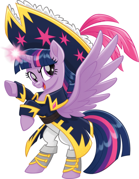Size: 818x1056 | Tagged: safe, banned from derpibooru, deleted from derpibooru, derpibooru import, official, twilight sparkle, twilight sparkle (alicorn), alicorn, pony, my little pony: the movie, clothes, coat, female, glowing horn, hat, horn, mare, pirate twilight, rearing, simple background, solo, spread wings, transparent background, wings