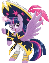 Size: 818x1056 | Tagged: safe, banned from derpibooru, deleted from derpibooru, derpibooru import, official, twilight sparkle, twilight sparkle (alicorn), alicorn, pony, my little pony: the movie, clothes, coat, female, glowing horn, hat, horn, mare, pirate twilight, rearing, simple background, solo, spread wings, transparent background, wings