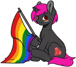 Size: 951x841 | Tagged: safe, artist:ak4neh, banned from derpibooru, deleted from derpibooru, derpibooru import, oc, oc:patches pink, unofficial characters only, pony, unicorn, black fur, face paint, gay, gay pride flag, male, pink mane, pride, pride flag, pride month, rainbow flag, red eyes, simple background, sitting, solo, stallion, transparent background