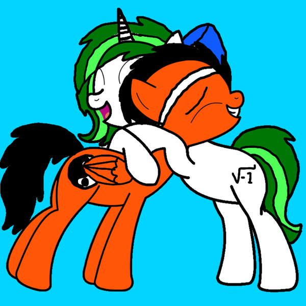 Size: 768x768 | Tagged: safe, artist:sebtheartist, banned from derpibooru, deleted from derpibooru, derpibooru import, oc, oc:lekonar, oc:minty root, pegasus, pony, unicorn, base used, bow, boyfriend and girlfriend, cyan background, female, folded wings, headband, horn, hug, male, oc x oc, open mouth, pegasus oc, shipping, simple background, smiling, straight, trace, unicorn oc, wings