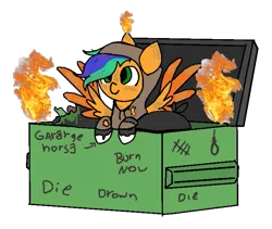 Size: 721x608 | Tagged: safe, artist:jingles, artist:nootaz, banned from derpibooru, deleted from derpibooru, derpibooru import, oc, oc:naarkerotics, unofficial characters only, pegasus, pony, dumpster, dumpster diver, dumpster fire, haters gonna hate, meme