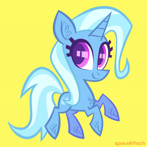 Size: 900x900 | Tagged: safe, artist:spacekitsch, banned from derpibooru, deleted from derpibooru, derpibooru import, trixie, pony, unicorn, chest fluff, female, looking at you, mare, simple background, smiling, solo, unshorn fetlocks, yellow background