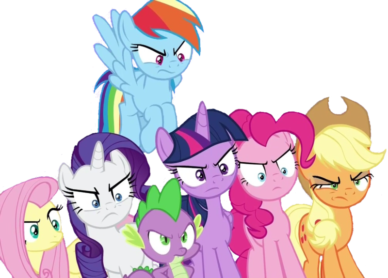 Size: 1004x720 | Tagged: safe, banned from derpibooru, deleted from derpibooru, derpibooru import, edit, edited screencap, editor:undeadponysoldier, screencap, applejack, fluttershy, pinkie pie, rainbow dash, rarity, spike, twilight sparkle, twilight sparkle (alicorn), alicorn, dragon, earth pony, pegasus, pony, unicorn, school raze, angry, background removed, death stare, female, looking at you, male, mane seven, mane six, mare, not a vector, simple background, transparent background, unamused, winged spike, you dun goofed