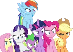 Size: 1004x720 | Tagged: safe, banned from derpibooru, deleted from derpibooru, derpibooru import, edit, edited screencap, editor:undeadponysoldier, screencap, applejack, fluttershy, pinkie pie, rainbow dash, rarity, spike, twilight sparkle, twilight sparkle (alicorn), alicorn, dragon, earth pony, pegasus, pony, unicorn, school raze, angry, background removed, death stare, female, looking at you, male, mane seven, mane six, mare, not a vector, simple background, transparent background, unamused, winged spike, you dun goofed
