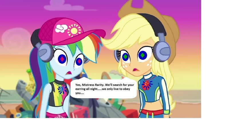 Size: 1297x720 | Tagged: safe, banned from derpibooru, deleted from derpibooru, derpibooru import, edit, edited screencap, screencap, applejack, rainbow dash, equestria girls, equestria girls series, lost and found, 1000 hours in ms paint, applejack's hat, bikini, clothes, cowboy hat, enchantment, geode of super speed, geode of super strength, hat, headphones, hypno eyes, magical geodes, midriff, mind control, story included, swimsuit