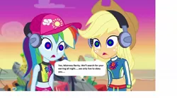 Size: 1297x720 | Tagged: safe, banned from derpibooru, deleted from derpibooru, derpibooru import, edit, edited screencap, screencap, applejack, rainbow dash, equestria girls, equestria girls series, lost and found, 1000 hours in ms paint, applejack's hat, bikini, clothes, cowboy hat, enchantment, geode of super speed, geode of super strength, hat, headphones, hypno eyes, magical geodes, midriff, mind control, story included, swimsuit