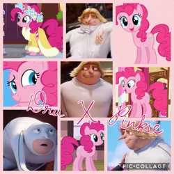 Size: 1800x1800 | Tagged: safe, artist:9andninjaturtlefan, banned from derpibooru, deleted from derpibooru, derpibooru import, edit, edited screencap, screencap, pinkie pie, earth pony, pony, art trade, collage, crack shipping, crossover, crossover shipping, despicable me, despicable me 3, dru, shipping