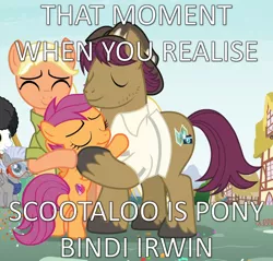 Size: 1130x1079 | Tagged: safe, banned from derpibooru, deleted from derpibooru, derpibooru import, edit, edited screencap, editor:feathertrap, screencap, mane allgood, scootaloo, snap shutter, earth pony, pegasus, pony, the last crusade, bindi irwin, cropped, family, hug, meme, text