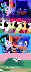 Size: 628x1442 | Tagged: safe, artist:noreencreatesstuff, banned from derpibooru, deleted from derpibooru, derpibooru import, edit, edited screencap, screencap, apple bloom, scootaloo, sweetie belle, oc, earth pony, pegasus, pony, unicorn, equestria girls, canon x oc, catboy, comic, crossover, cutie mark crusaders, dialogue, owlette, pj masks