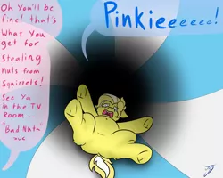 Size: 1280x1024 | Tagged: safe, artist:buttercream pony, banned from derpibooru, deleted from derpibooru, derpibooru import, oc, oc:buttercream, earth pony, pegasus, pony, belly, charlie and the chocolate factory, dialogue, falling, hole, implied pinkie pie, punishment, trash, willy wonka