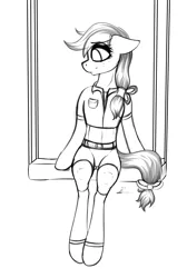 Size: 4368x6500 | Tagged: safe, artist:xenophilie, banned from derpibooru, deleted from derpibooru, derpibooru import, applejack, earth pony, pony, clothes, lineart, sketch, solo, swing, young