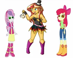 Size: 1566x1254 | Tagged: artist needed, safe, banned from derpibooru, deleted from derpibooru, derpibooru import, apple bloom, sunset shimmer, sweetie belle, equestria girls, 1000 hours in ms paint, apple bloom's bow, belt, boots, bow, clothes, cute, hair bow, hat, hypno eyes, hypnosis, hypnotized, miniskirt, pendulum swing, pocket watch, sexy, shoes, shorts, skirt, swirly eyes, top hat