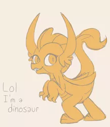 Size: 2000x2300 | Tagged: safe, artist:bondedbones, banned from derpibooru, deleted from derpibooru, derpibooru import, smolder, dragon, reptile, bipedal, cute, dialogue, dragoness, fangs, female, high res, limited palette, orange background, silly, silly dragon, simple background, smolderbetes, solo, talking