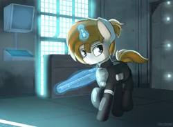 Size: 3800x2800 | Tagged: safe, artist:triplesevens, banned from derpibooru, deleted from derpibooru, derpibooru import, oc, oc:itu, unofficial characters only, pony, unicorn, fallout equestria, armor, computer, crossover, gun, laboratory, magic, rifle, running, sneaking, sniper rifle, solo, stealth suit, weapon