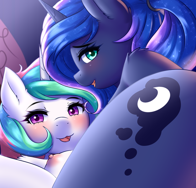 Size: 920x882 | Tagged: questionable, artist:twistedscarlett60, banned from derpibooru, deleted from derpibooru, derpibooru import, princess celestia, princess luna, alicorn, anthro, plantigrade anthro, pony, blushing, breasts, cropped, cutie mark, female, flank, image, incest, lesbian, looking at you, nipples, nudity, png, princest, shipping, siblings, sisters