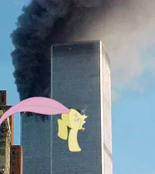 Size: 400x449 | Tagged: semi-grimdark, banned from derpibooru, deleted from derpibooru, derpibooru import, edit, fluttershy, 9/11, butt, image, meme, op is going to hell, plot, png, poor taste, shitposting, solo, twin towers, we are going to hell