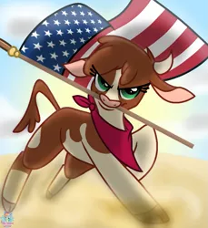 Size: 1063x1162 | Tagged: safe, artist:aer0 zer0, artist:rainbow eevee, banned from derpibooru, deleted from derpibooru, derpibooru import, arizona cow, cow, them's fightin' herds, 4th of july, american flag, cloud, cloven hooves, colored, community related, desert, dust, female, flag, holiday, image, independence day, png, running, simple background, solo, support, trace, united states