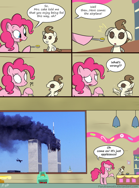 Size: 2000x2700 | Tagged: safe, artist:pandramodo, banned from derpibooru, deleted from derpibooru, derpibooru import, edit, pinkie pie, pound cake, pony, 9/11, 9/11 joke, babysitting, comic, exclamation point, feeding, female, foalsitter, food, literal, mare, plane, question mark, spoon, this will end in death, this will end in tears, this will end in tears and/or death