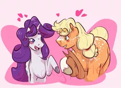 Size: 1280x928 | Tagged: safe, artist:turtleponys, banned from derpibooru, deleted from derpibooru, derpibooru import, applejack, rarity, earth pony, pony, unicorn, blushing, butch, dappled, eye contact, female, heart, image, jpeg, lesbian, looking at each other, mare, obtrusive watermark, rarijack, shipping, twitterina design, watermark