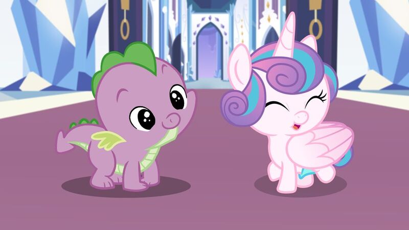 Size: 1024x576 | Tagged: safe, artist:luckreza8, artist:swiftgaiathebrony, artist:thelastgherkin, banned from derpibooru, deleted from derpibooru, derpibooru import, edit, princess flurry heart, spike, alicorn, pony, adorable face, age regression, alternate timeline, baby, baby spike, castle, cute, daaaaaaaaaaaw, diaper, duo, eyes closed, female, filly, flurrybetes, happy, male, open mouth, spikabetes, story in the source, younger