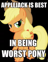 Size: 746x960 | Tagged: safe, banned from derpibooru, deleted from derpibooru, derpibooru import, applejack, background pony strikes again, caption, duckery in the description, image macro, obvious troll, text, trollbait, worst pony