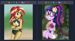 Size: 483x266 | Tagged: safe, artist:artmlpk, artist:diaperednight, banned from derpibooru, deleted from derpibooru, derpibooru import, edit, sci-twi, sunset shimmer, twilight sparkle, human, derpibooru, equestria girls, equestria girls series, beautiful, blushing, clothes, crossed arms, cute, female, flower, flower in hair, high res, juxtaposition, juxtaposition win, meme, meta, plant, plants, ponytail, rose, smiley face, smiling, solo, swimsuit, tree, twiabetes