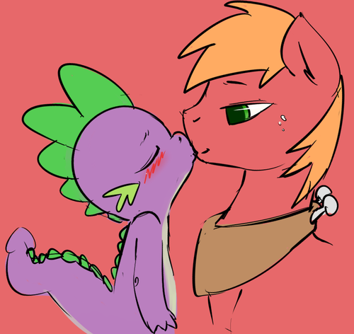 Size: 500x472 | Tagged: safe, artist:atrolux, banned from derpibooru, deleted from derpibooru, derpibooru import, big macintosh, spike, dragon, blushing, duo, eyes closed, freckles, gay, interspecies, kissing, kiss on the lips, male, shipping, spikentosh, stallion