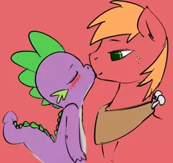 Size: 500x472 | Tagged: safe, artist:atrolux, banned from derpibooru, deleted from derpibooru, derpibooru import, big macintosh, spike, dragon, blushing, duo, eyes closed, freckles, gay, interspecies, kissing, kiss on the lips, male, shipping, spikentosh, stallion
