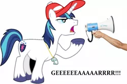 Size: 1342x886 | Tagged: safe, banned from derpibooru, deleted from derpibooru, derpibooru import, shining armor, ponified, earth pony, pony, coach, hat, human arm, jon glaser loves gear, male, megaphone, photoshop, text, tv reference