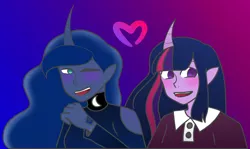 Size: 2658x1582 | Tagged: safe, artist:thatgreypeanut, banned from derpibooru, deleted from derpibooru, derpibooru import, princess luna, twilight sparkle, human, blushing, female, horn, horned humanization, humanized, lesbian, self harm scars, shipping, twiluna