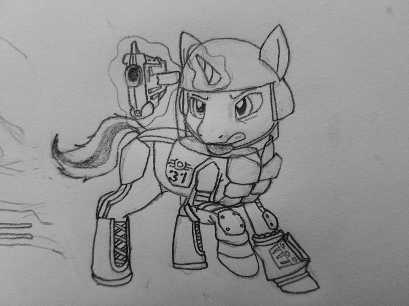 Size: 4032x3024 | Tagged: safe, artist:salvage, banned from derpibooru, deleted from derpibooru, derpibooru import, oc, oc:golden ray, unofficial characters only, pony, unicorn, fallout equestria, black and white, grayscale, gun, monochrome, security guard, solo, stable-tec, traditional art, weapon
