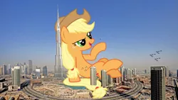 Size: 1280x720 | Tagged: safe, artist:silverbrony97, banned from derpibooru, deleted from derpibooru, derpibooru import, applejack, pony, aircraft, burj khalifa, dubai, highrise ponies, irl, macro, mega, photo, ponies in real life, solo