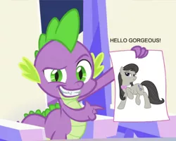 Size: 632x506 | Tagged: safe, artist:kooner-cz, artist:titanium-pony, artist:willdrawforfood1, banned from derpibooru, deleted from derpibooru, derpibooru import, edit, edited screencap, editor:undeadponysoldier, screencap, octavia melody, spike, pony, the crystalling, bedroom eyes, caption, female, image macro, male, mare, paper, pointing, raised hoof, shipping, smiling, spiketavia, straight, stupid sexy octavia, text