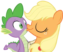 Size: 764x629 | Tagged: safe, artist:titanium-pony, banned from derpibooru, deleted from derpibooru, derpibooru import, applejack, spike, dragon, earth pony, pony, applespike, cute, eyes closed, female, freckles, interspecies, kiss on the lips, kissing, male, mare, scroll, shipping, show accurate, simple background, straight, transparent background, vector